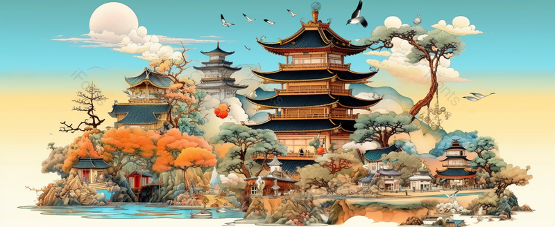 幻想松柏古代山水中国自然国潮风景树林古典风格湖泊水墨插画,插画/手绘图,插画/手绘图库,插画/手绘图下载,插画/手绘